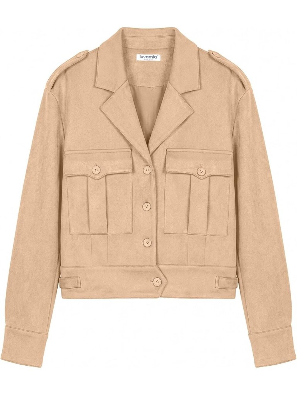 Women's Khaki Faux Suede Button Down Fall Outerwear Cropped Shacket Jacket